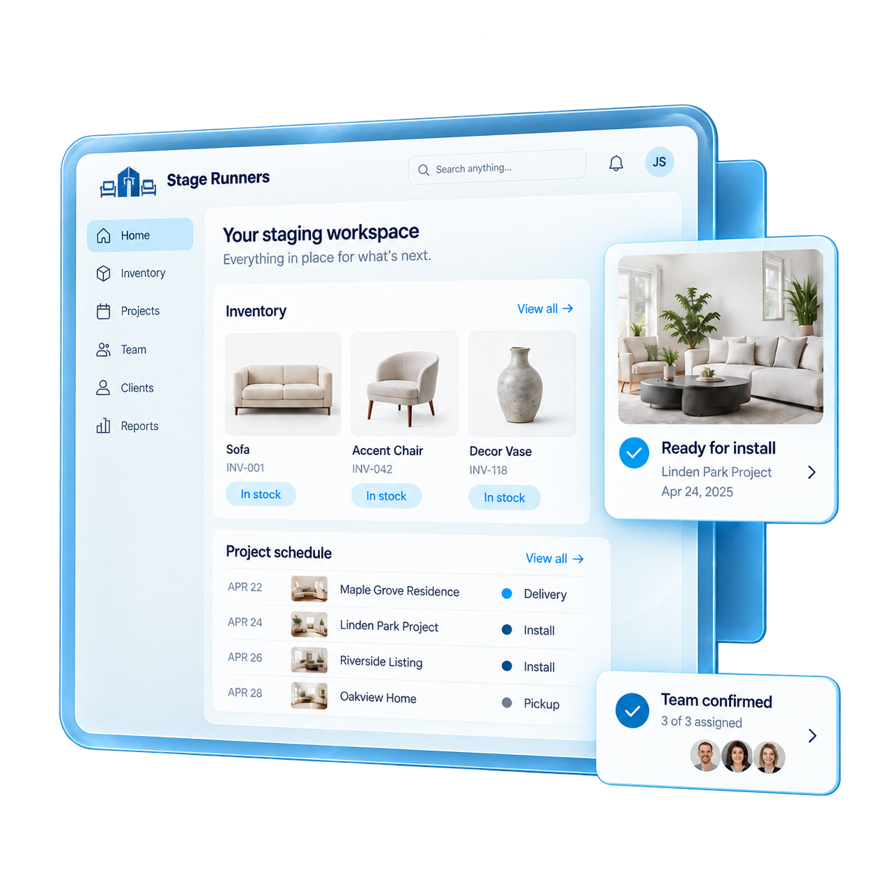 Stage Runners workspace concept: sofa, accent chair, and vase inventory, project schedule, and floating installation and team cards in a dimensional glass frame