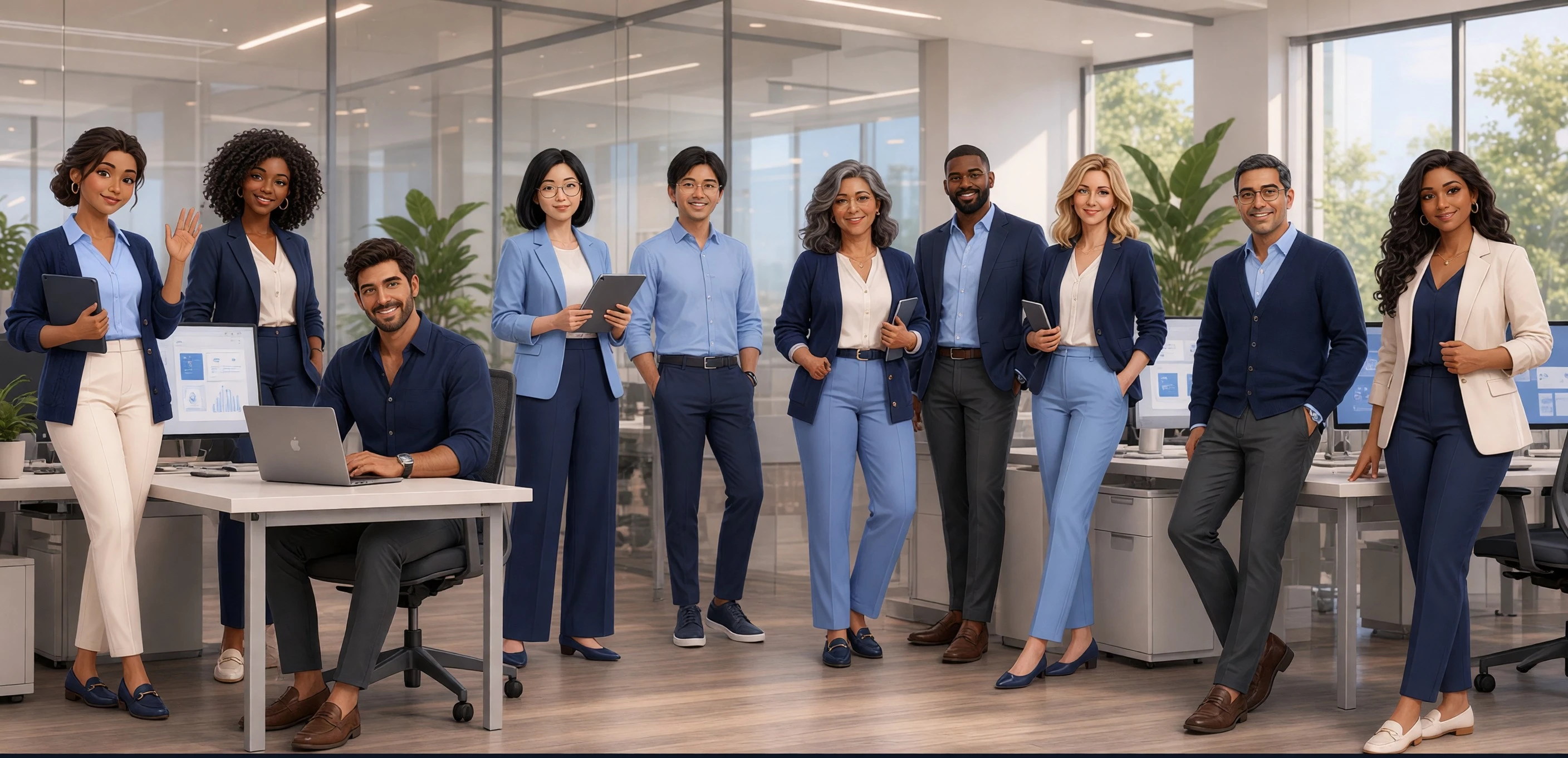 The Stage Runners team, ten team members standing together in their office